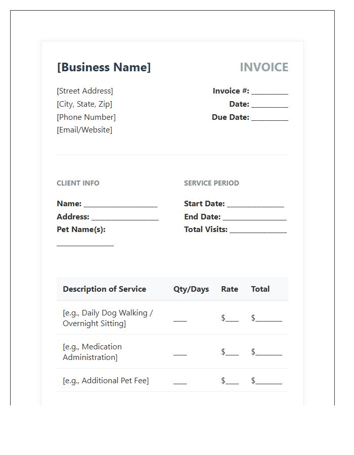 Professional Pet Sitting Business Invoice Template