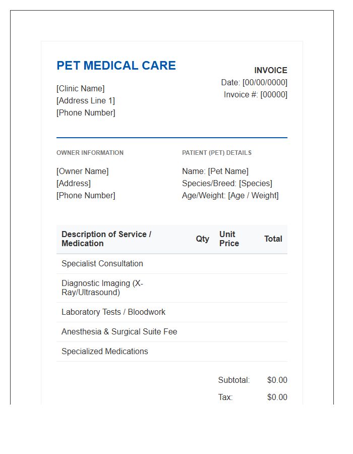 Specialized Pet Medical Care Invoice Template