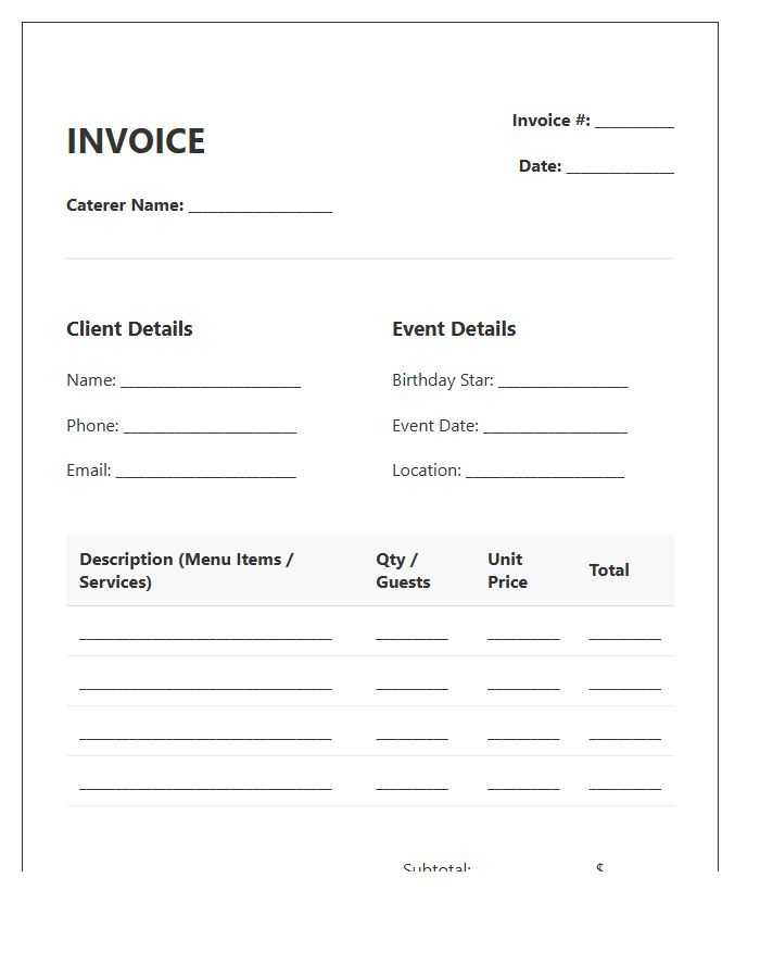 Birthday Party Catering Invoice Template