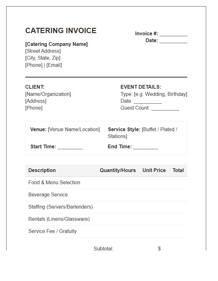 Social Event Catering Invoice Template