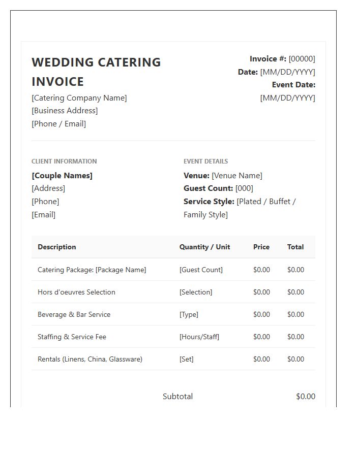 Wedding Catering Order Invoice Template
