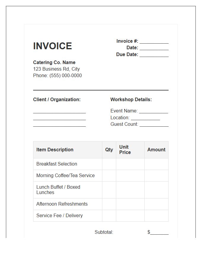 Workshop Catering Order Invoice Template
