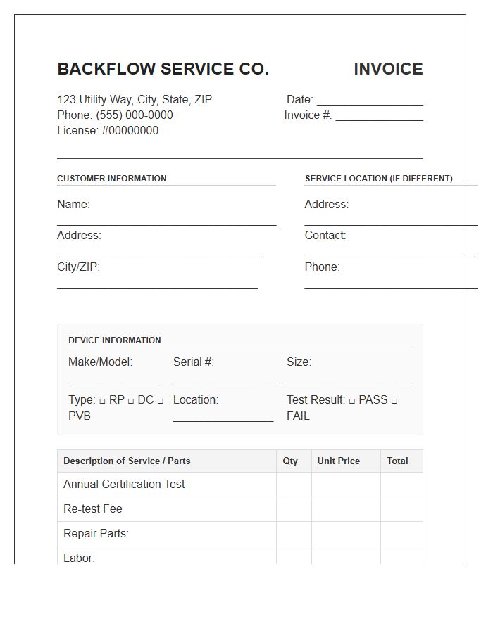 Backflow Prevention Service Invoice Template