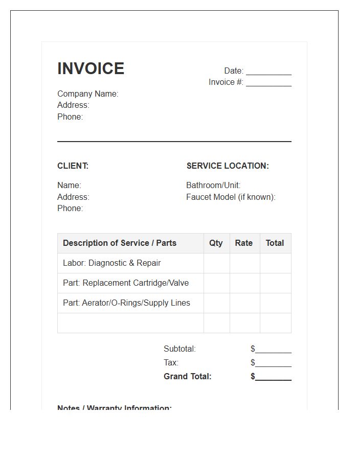 Bathroom Faucet Repair Invoice Template