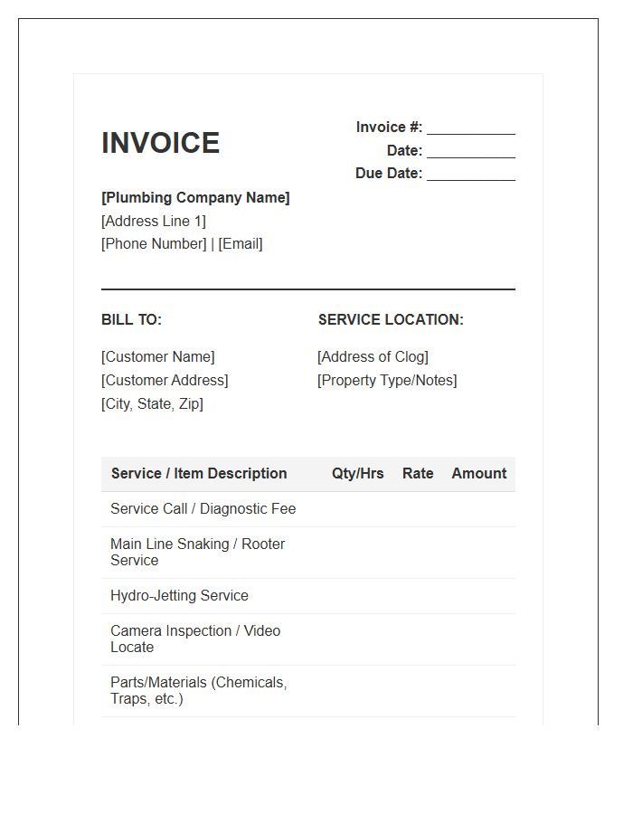 Clogged Pipe Clearing Invoice Template