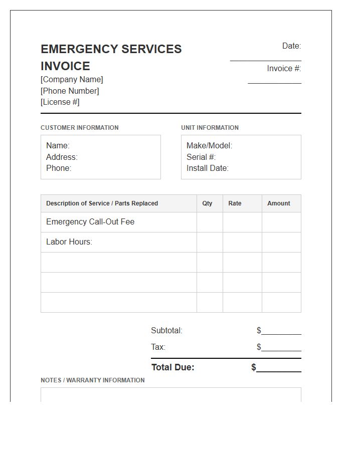 Emergency Water Heater Invoice Template