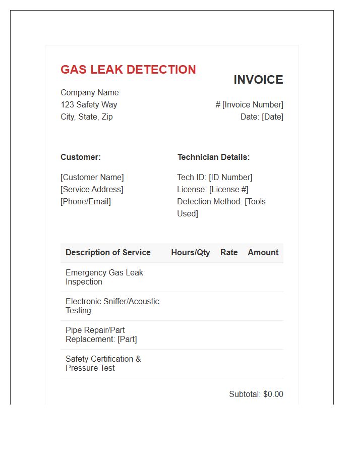 Gas Leak Detection Invoice Template