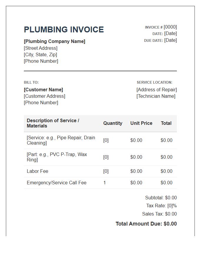Plumbing Repair Services Invoice Template