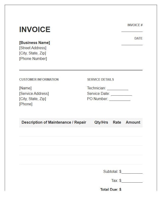 Residential Pipe Maintenance Invoice Template