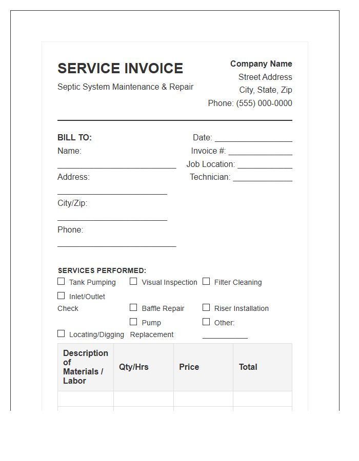 Septic System Service Invoice Template