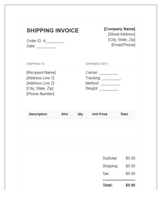 Digital Order Shipping Invoice Template