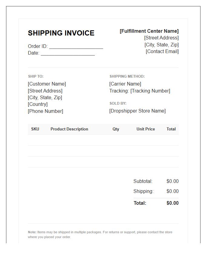 Dropshipping Fulfillment Shipping Invoice Template
