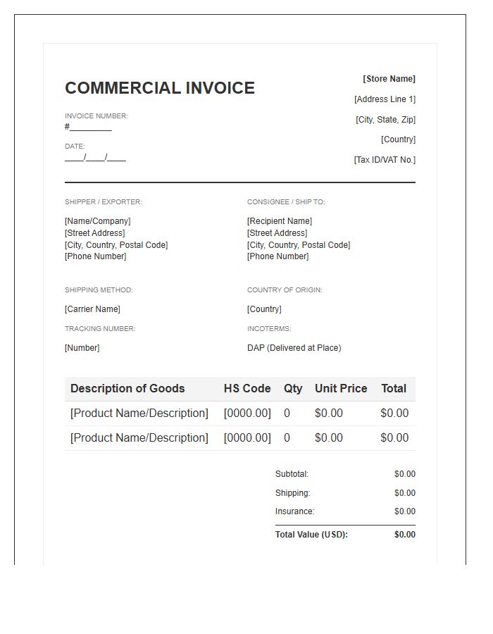 International Ecommerce Shipping Invoice Template
