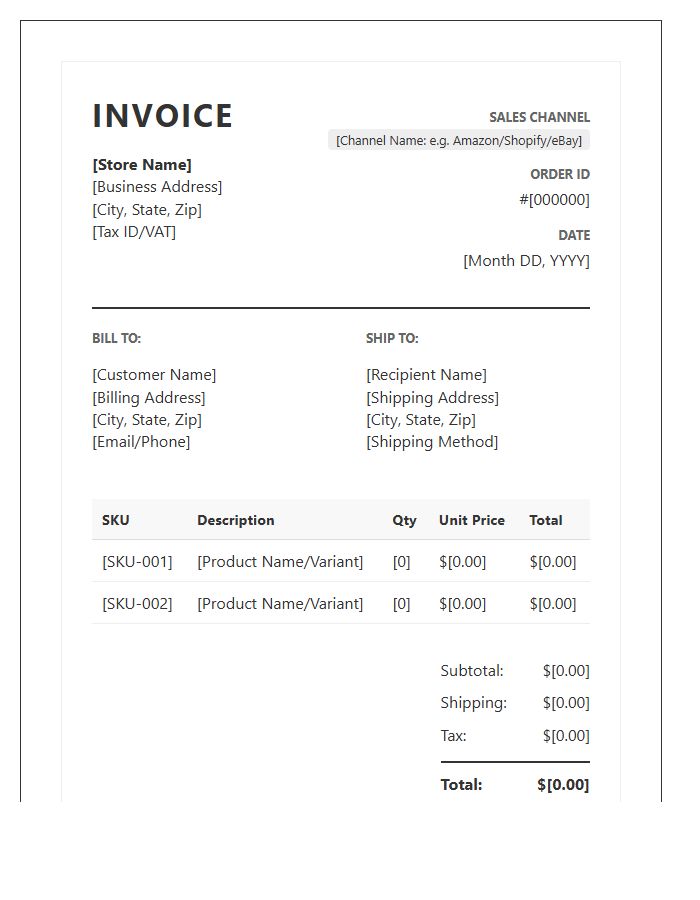 Multi Channel Seller Shipping Invoice Template