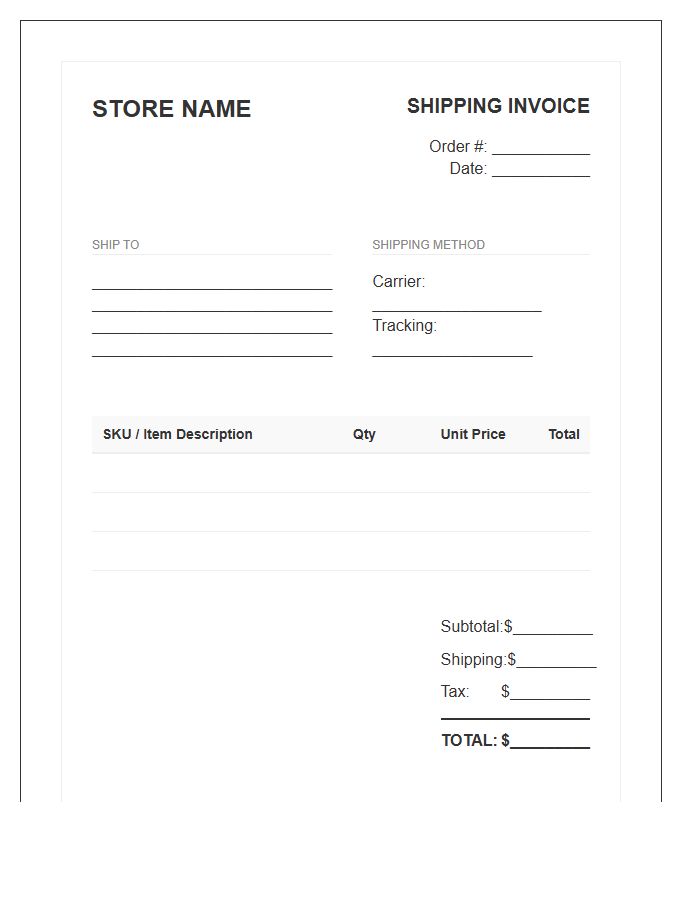 Online Store Shipping Invoice Template