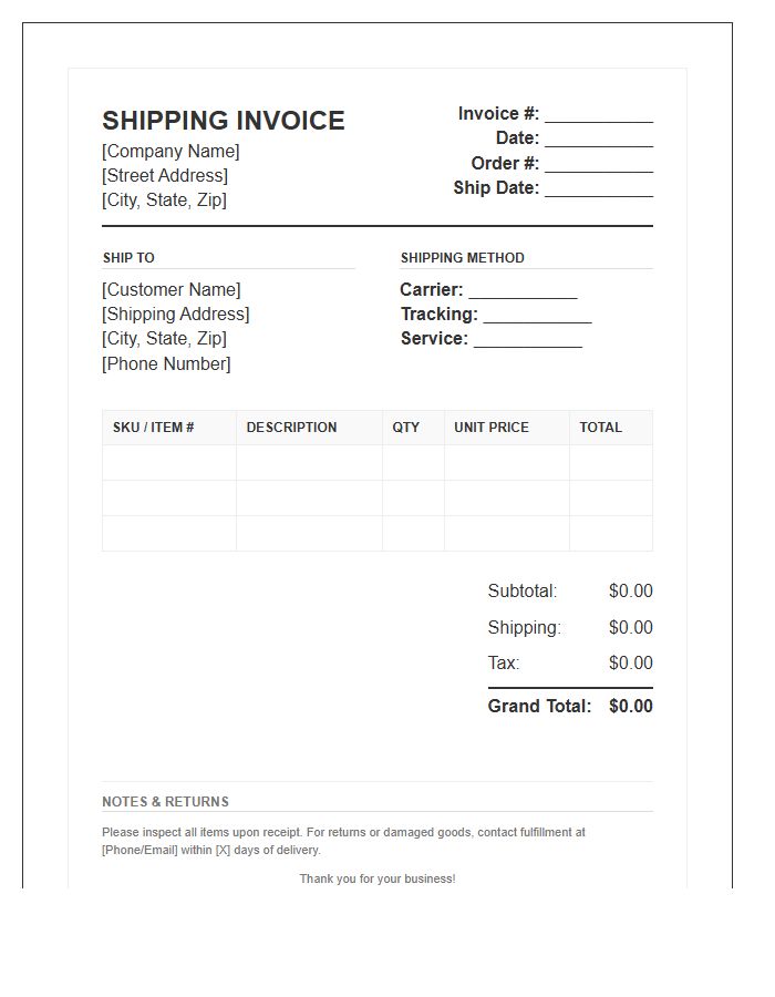 Retail Fulfillment Shipping Invoice Template