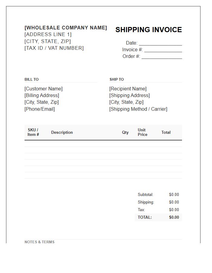 Wholesale Order Shipping Invoice Template