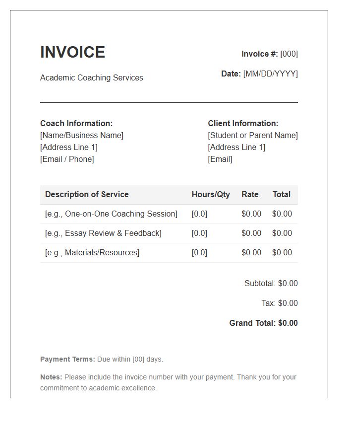 Academic Coaching Services Invoice Template
