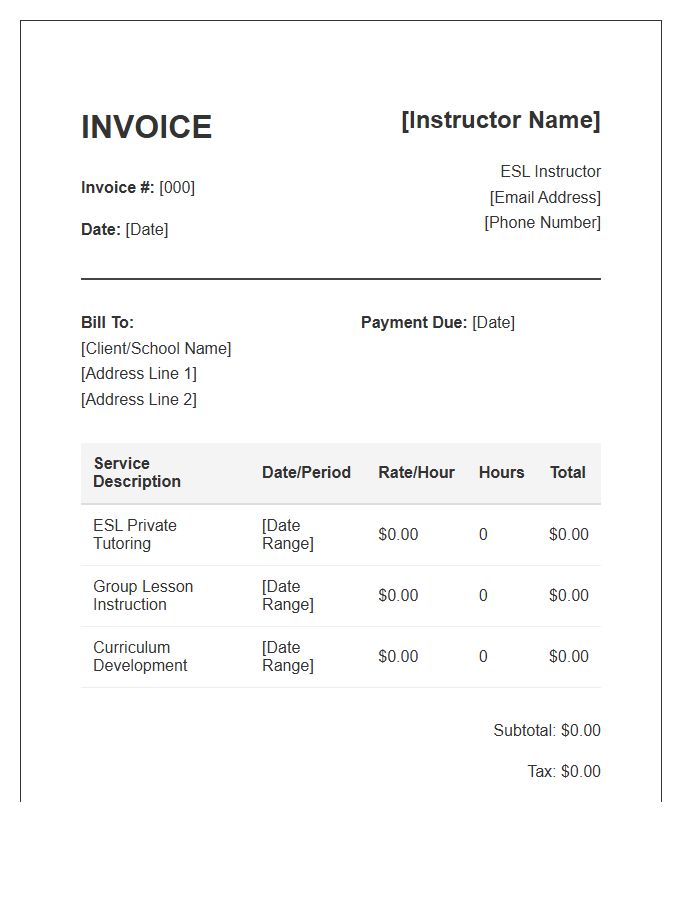 ESL Instructor Invoice Template