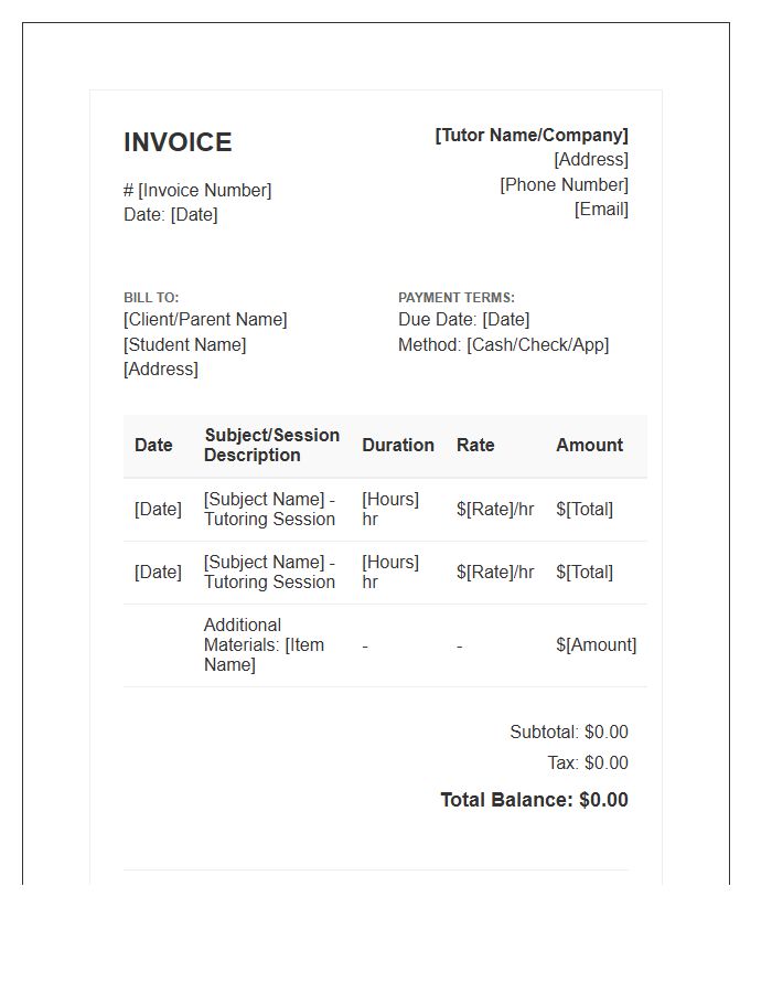 In-Home Tutoring Services Invoice Template