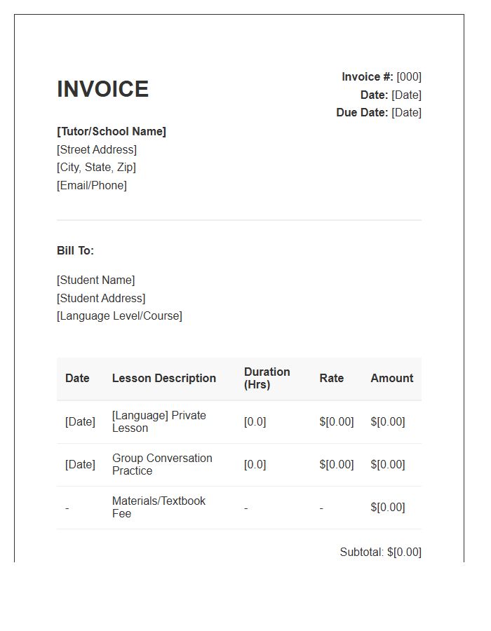 Language Lessons Billing Invoice Template