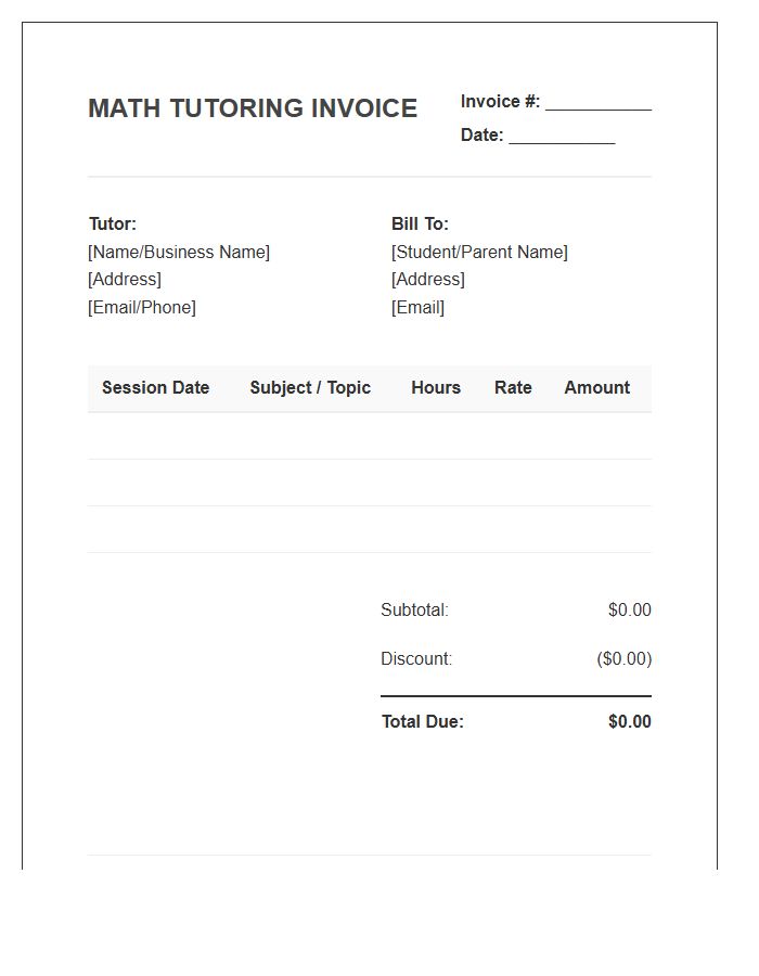 Math Tutoring Session Invoice Template