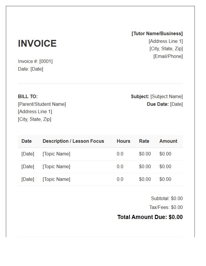 Private Tutor Hourly Invoice Template