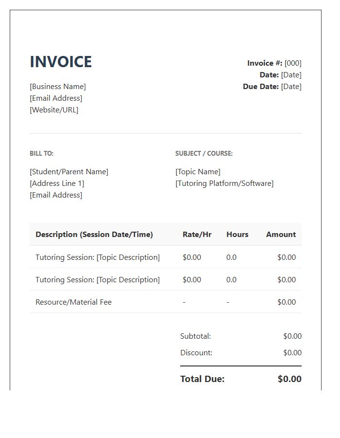 Remote Tutoring Business Invoice Template