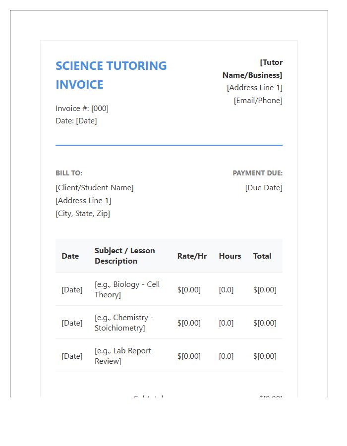 Science Tutor Payment Invoice Template