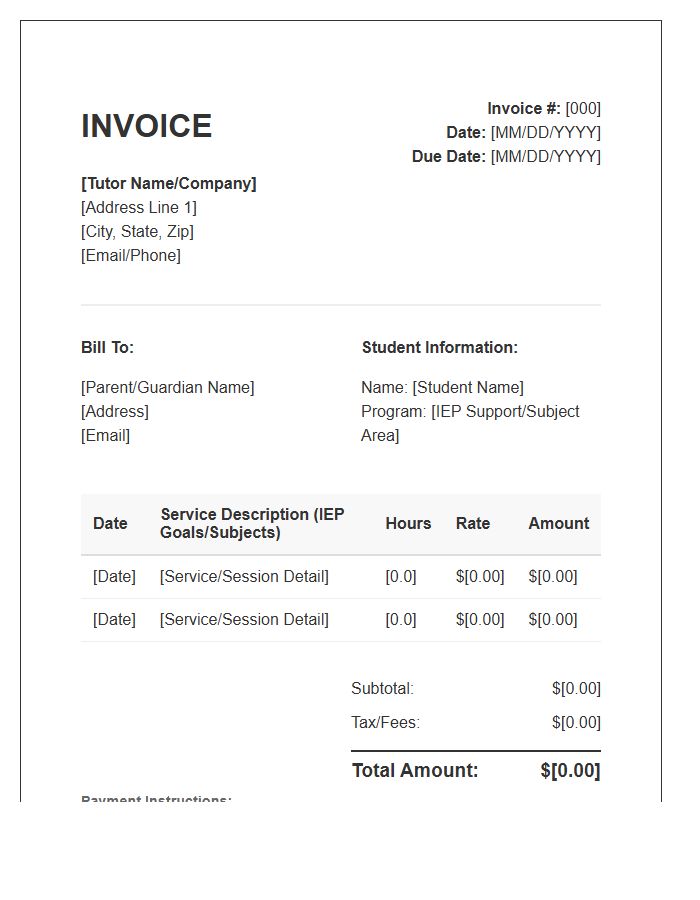 Special Education Tutoring Invoice Template