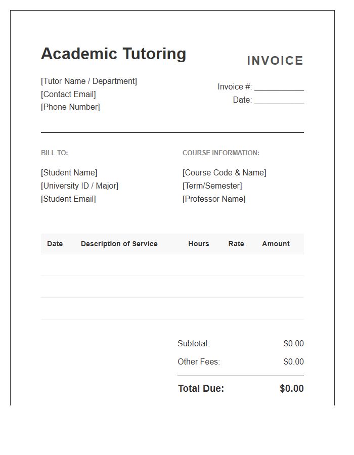 University Level Tutoring Invoice Template