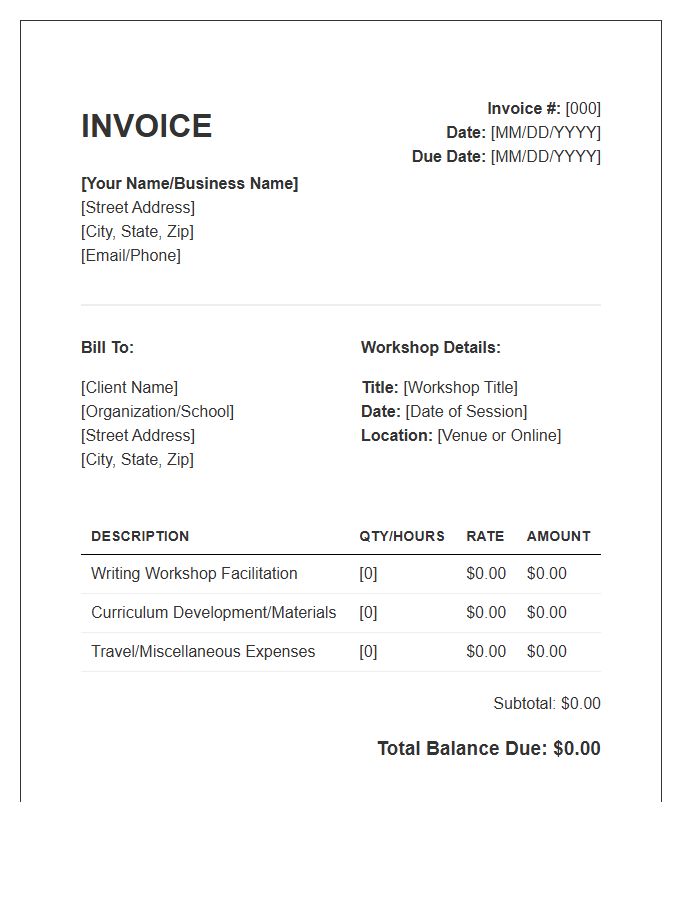 Writing Workshop Invoice Template