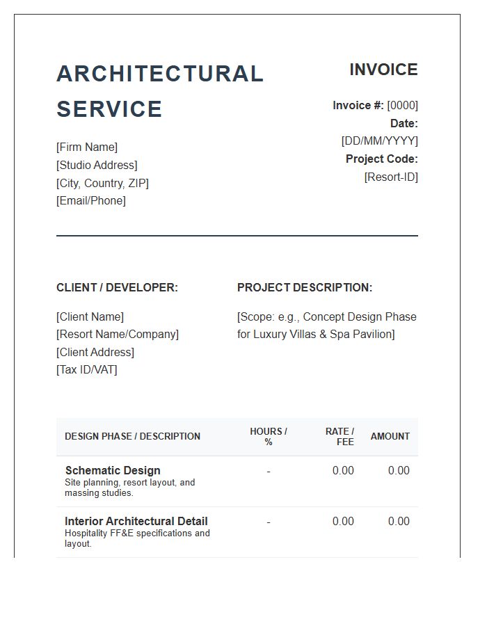 Hospitality Resort Architectural Design Service Invoice Template