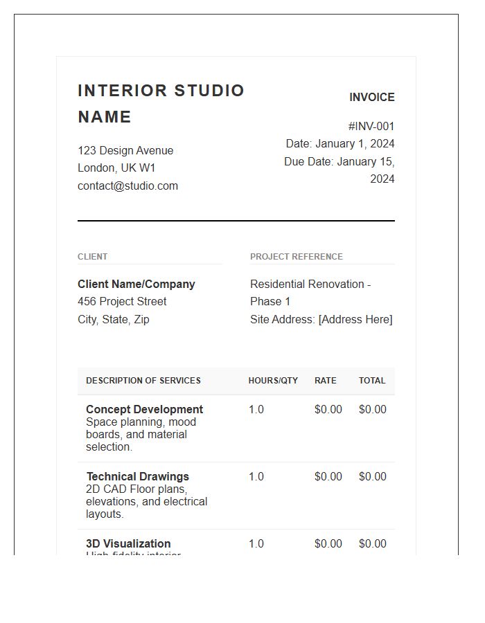 Interior Space Architectural Design Service Invoice Template