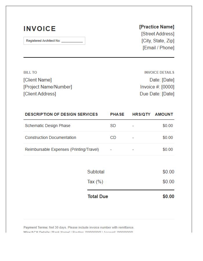 Professional Registered Architectural Design Service Invoice Template