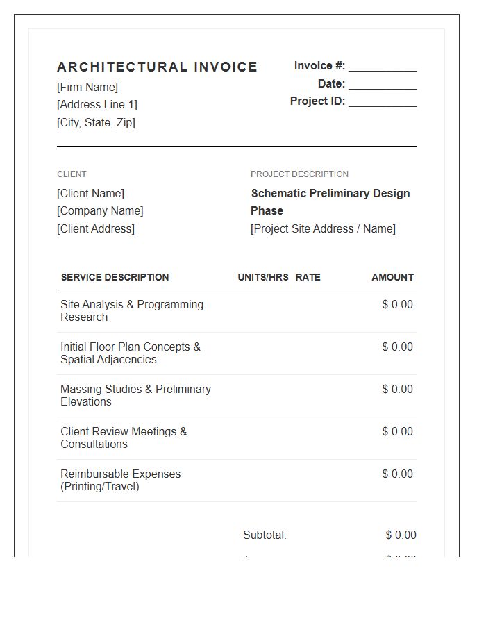 Schematic Preliminary Architectural Design Service Invoice Template