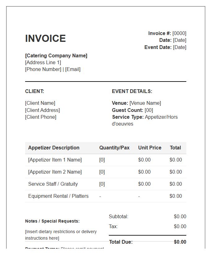 Appetizer Service Catering Invoice Template