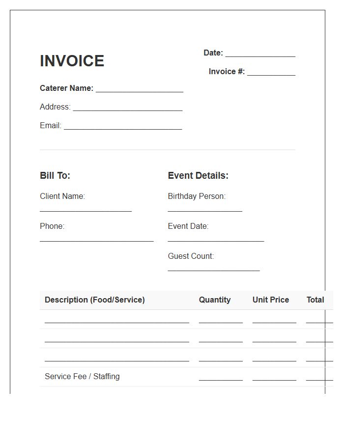 Birthday Celebration Catering Invoice Template