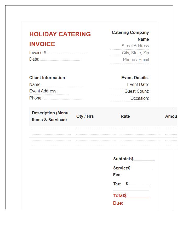 Holiday Party Catering Invoice Template