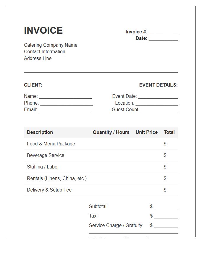 Private Party Catering Invoice Template
