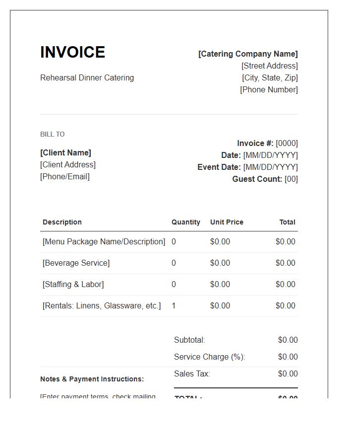 Rehearsal Dinner Catering Invoice Template