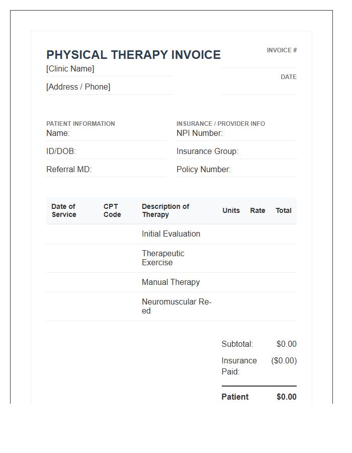 Physical Therapy Medical Invoice Template