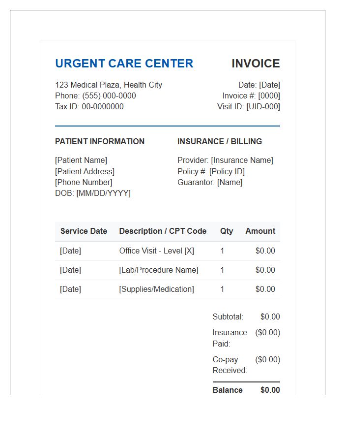Urgent Care Center Invoice Template