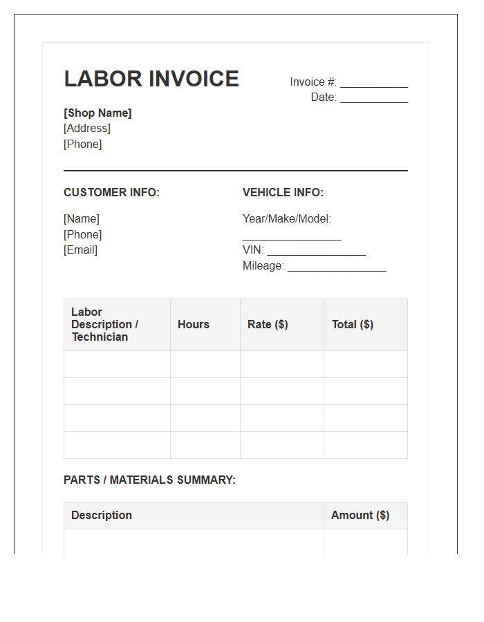 Auto Body Shop Labor Invoice Template
