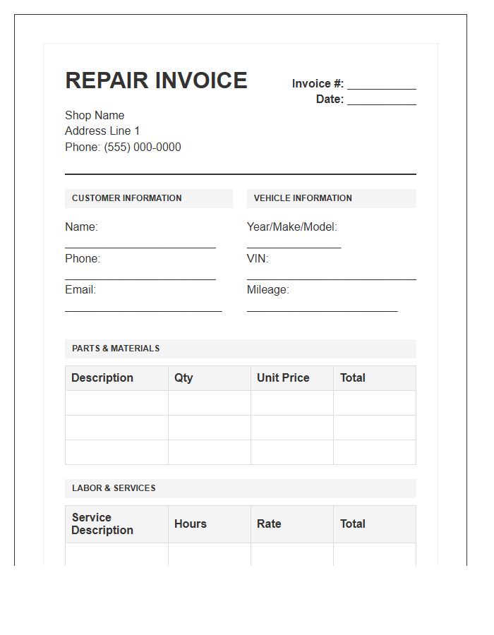 Automobile Shop Repair Invoice Template