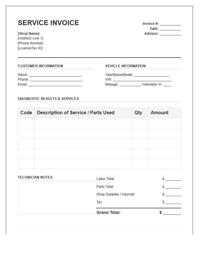 Automotive Diagnostics Service Invoice Template