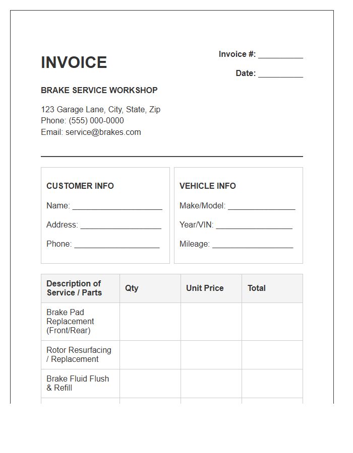 Brake Service Workshop Invoice Template