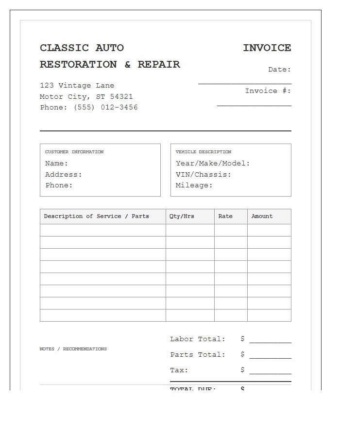 Classic Car Mechanic Invoice Template