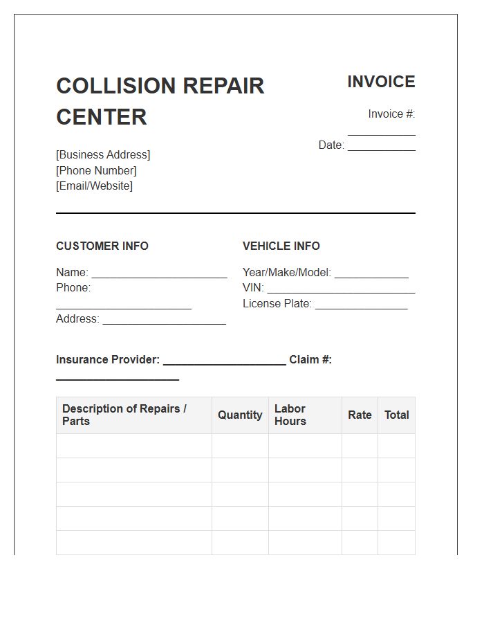 Collision Repair Center Invoice Template