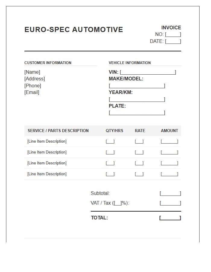 European Auto Repair Invoice Template